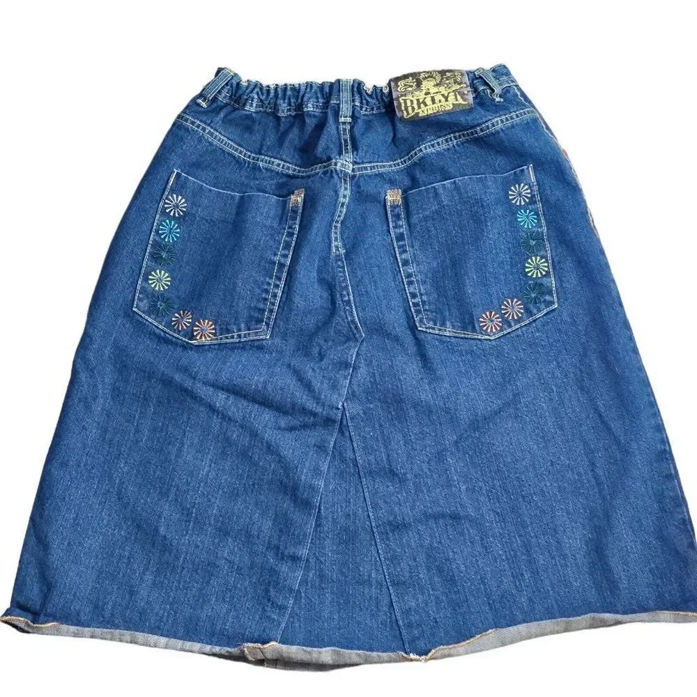 Vintage 90s Y2K Denim Skirt Womens Size XL Blue Jean Raw Hem Daisy Flowers